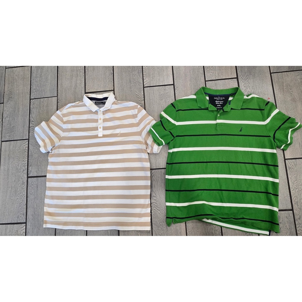 Lot of 2 Nautica Mens Striped Polo Shirts XXL Green Tan Performance Deck Classic